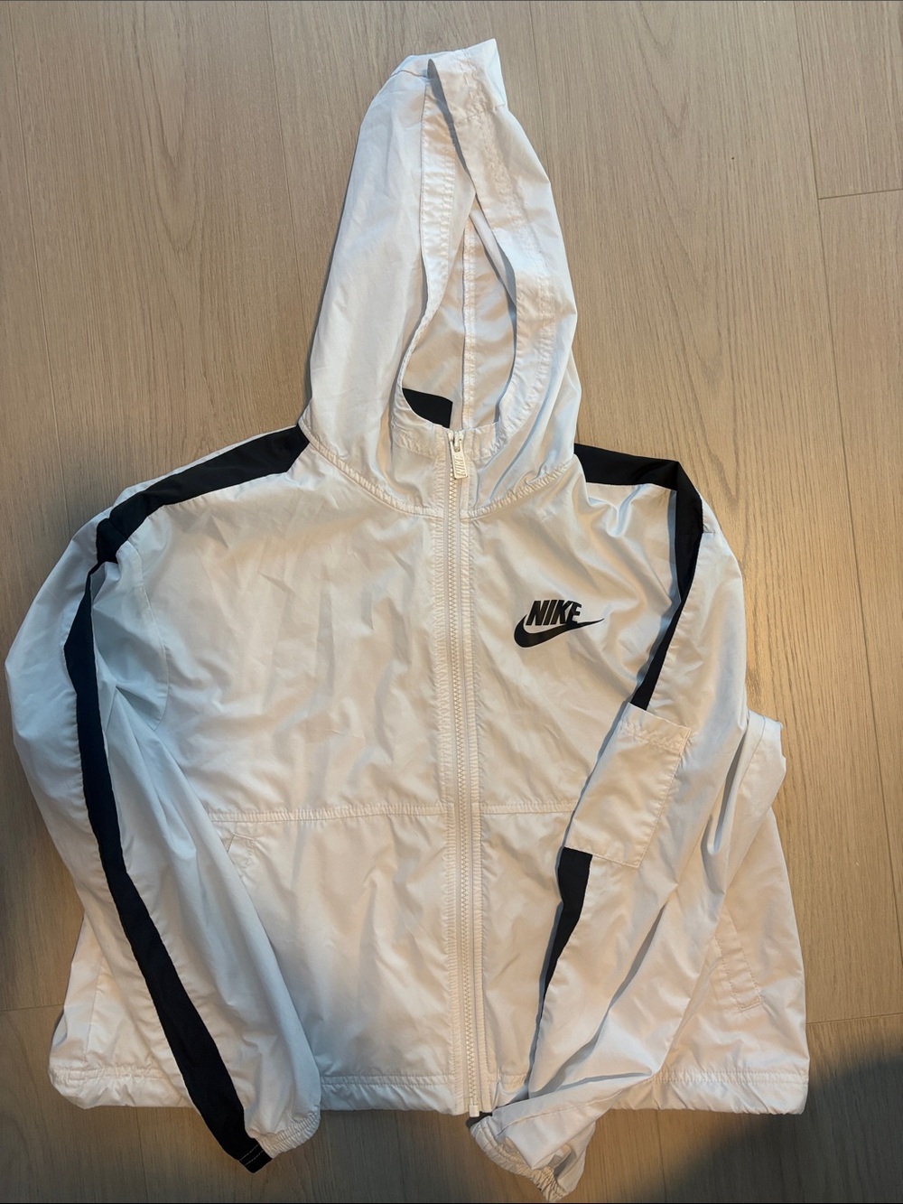 Nike White Hooded Jacket with Black Stripe Accents